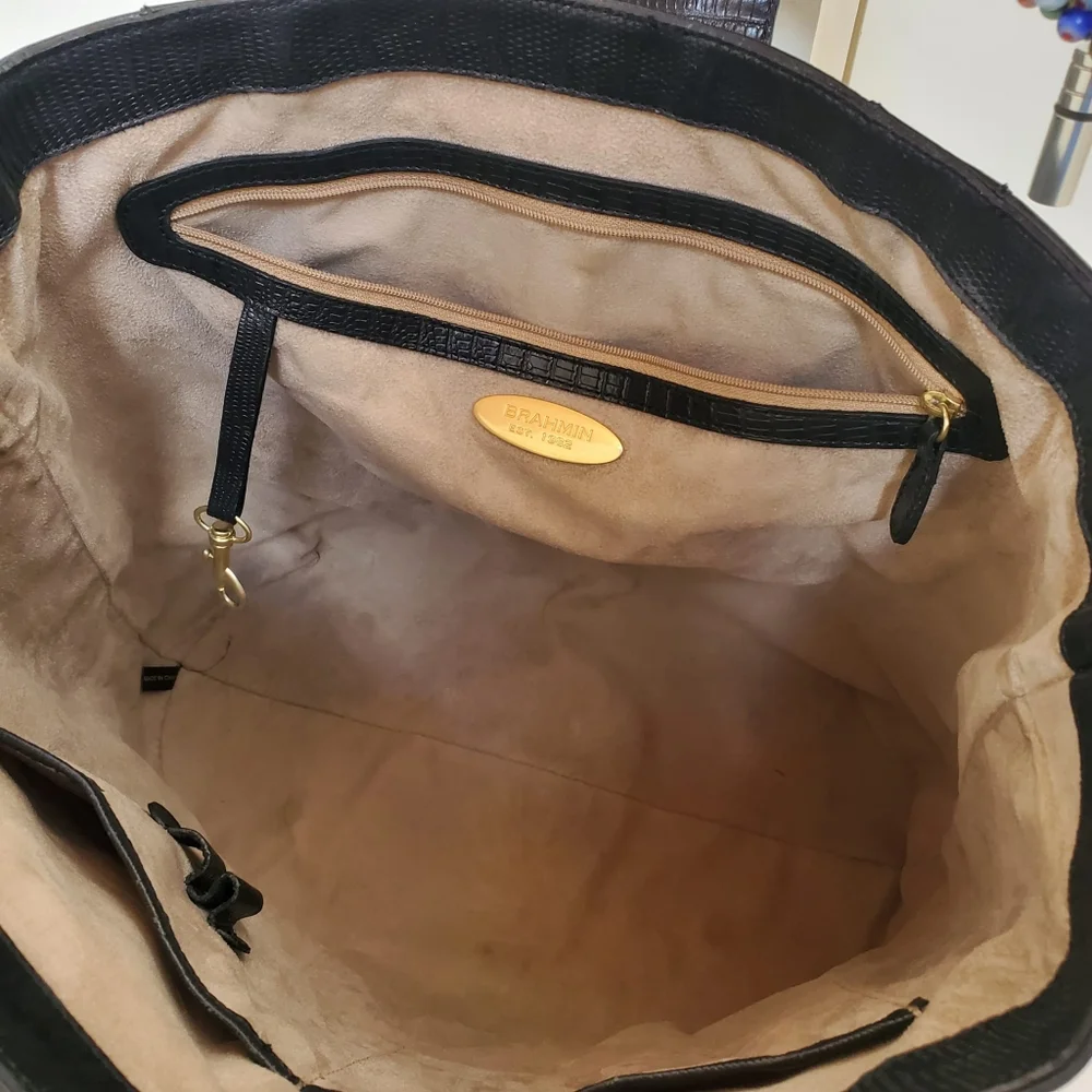 Brahmin Large Black Bucket Leather Tote